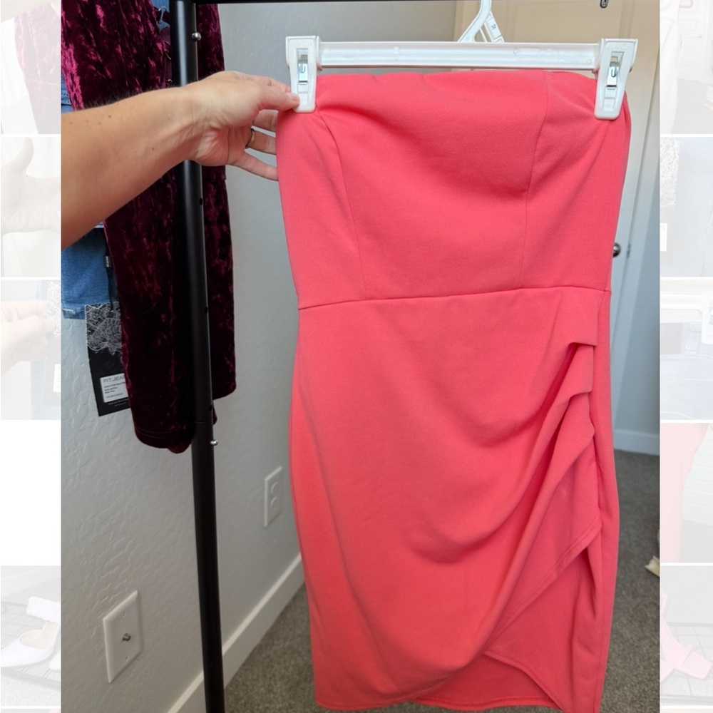 Fun Coral Strapless Mini Dress with Ruching